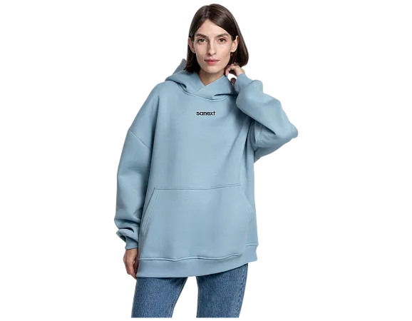 Худи SANEXT oversize с капюшоном и начесом, унисекс, серо-голубое - Изображение 10