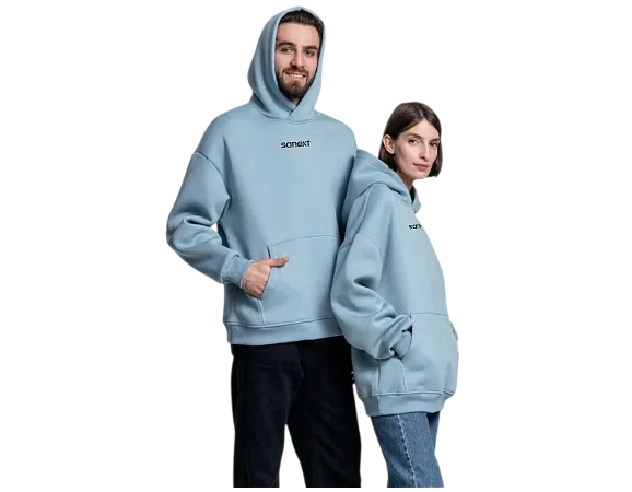 Худи SANEXT oversize с капюшоном и начесом, унисекс, серо-голубое - Изображение 11