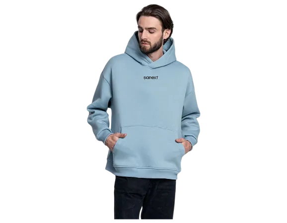 Худи SANEXT oversize с капюшоном и начесом, унисекс, серо-голубое - Изображение 5